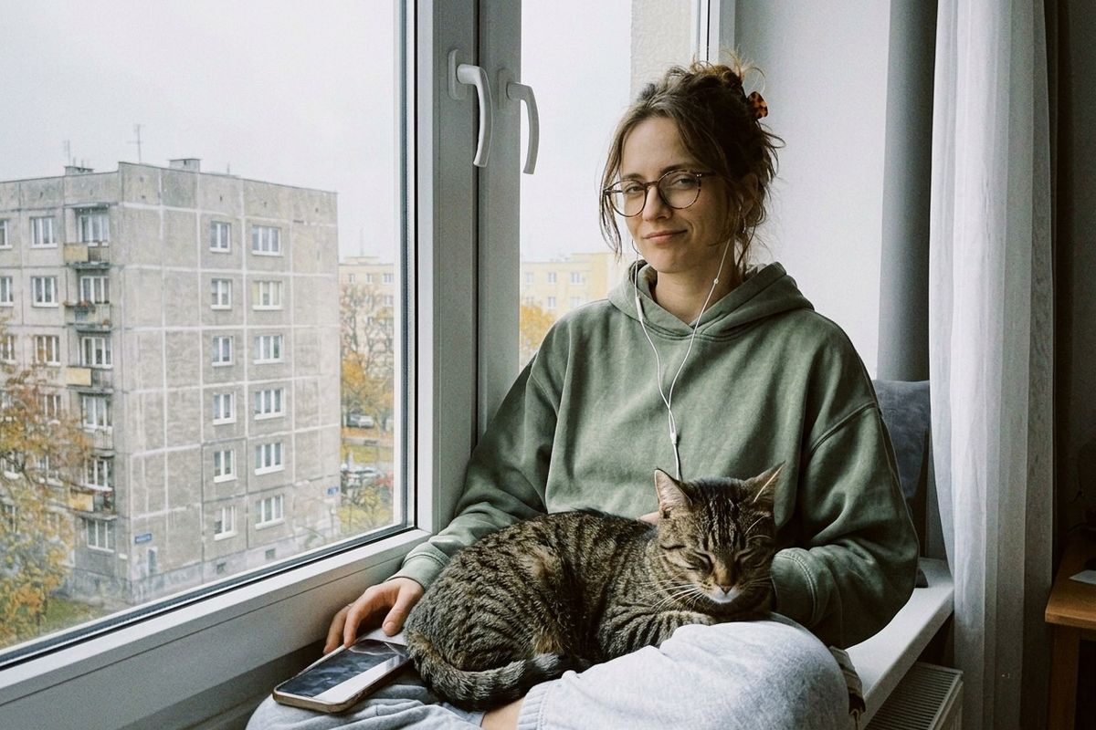 Kaja w zielonej bluzie siedzi przy oknie z widokiem na bloki, na kolanach śpi jej pręgowany kot.