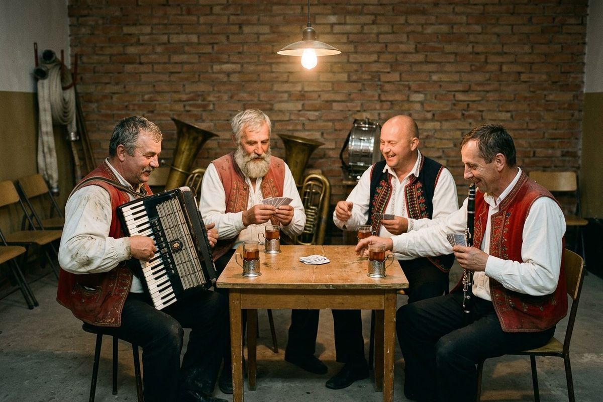Czterej muzycy Kapeli Spod Remizy grają w karty przy stoliku w remizie. Na stole stoi herbata w szklankach.