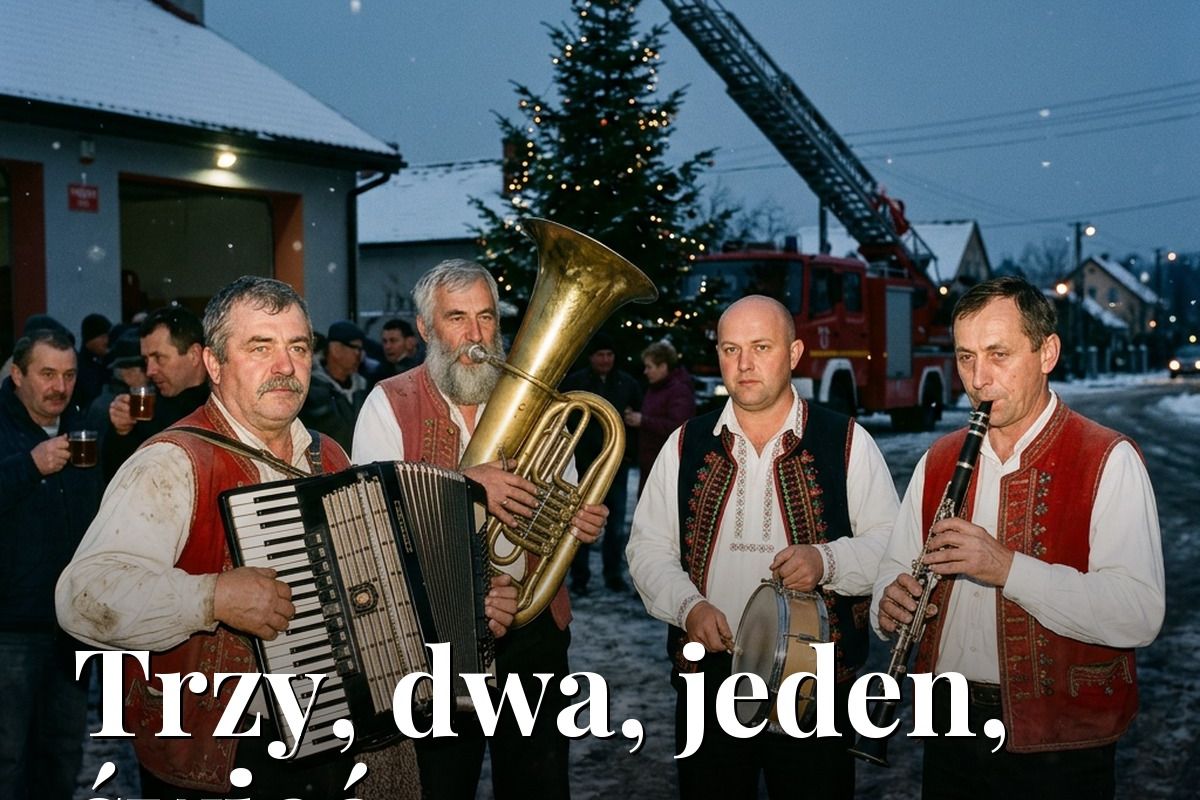 Kapela Spod Remizy gra na placu przed remizą. Za nimi stoi choinka ze złotą gwiazdą i wóz strażacki z drabiną.
