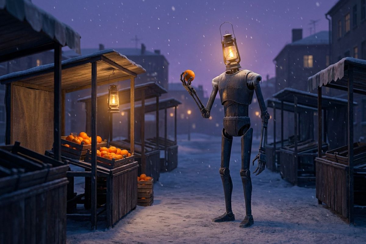 Lampwright at a snowy fruit stall at dusk, holding one orange up to its lantern head under a hanging lamp.