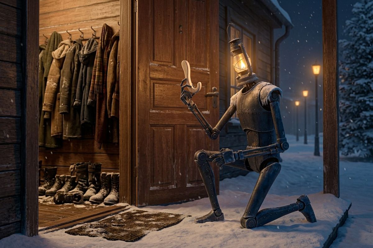 Lampwright kneels in the snow by a lit doorway full of coats, holding a new wooden coat hook up to its lantern head.