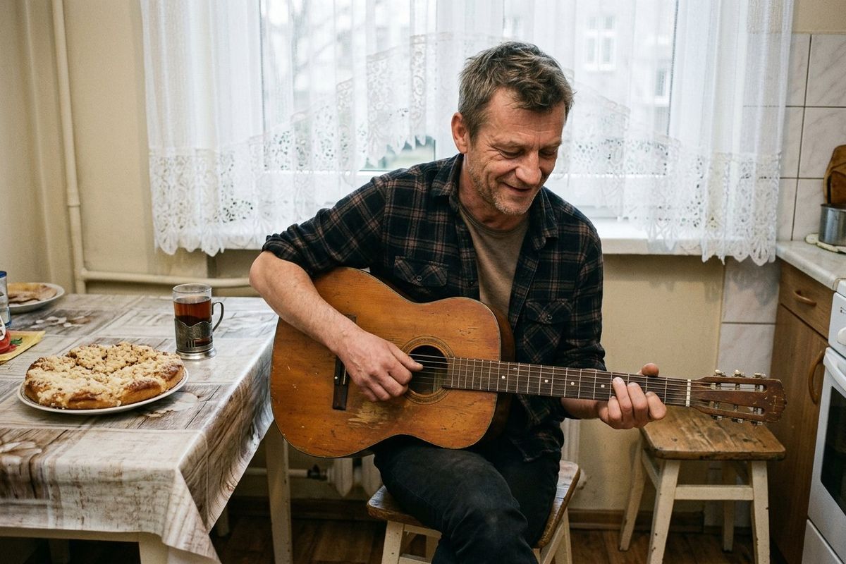 Bliski z gitarą na starym kuchennym stołku przy oknie, obok talerz kołacza i herbata.