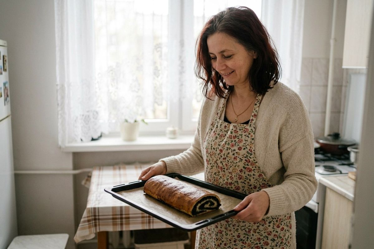 Wiśnia w fartuchu w kwiaty trzyma blachę z makowcem w małej kuchni.